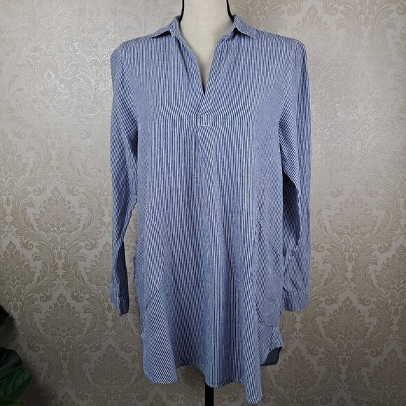 For Cynthia Sz Medium Blue White Striped Tunic Long Sleeve Roll Tab Split V-neck - Picture 1 of 15